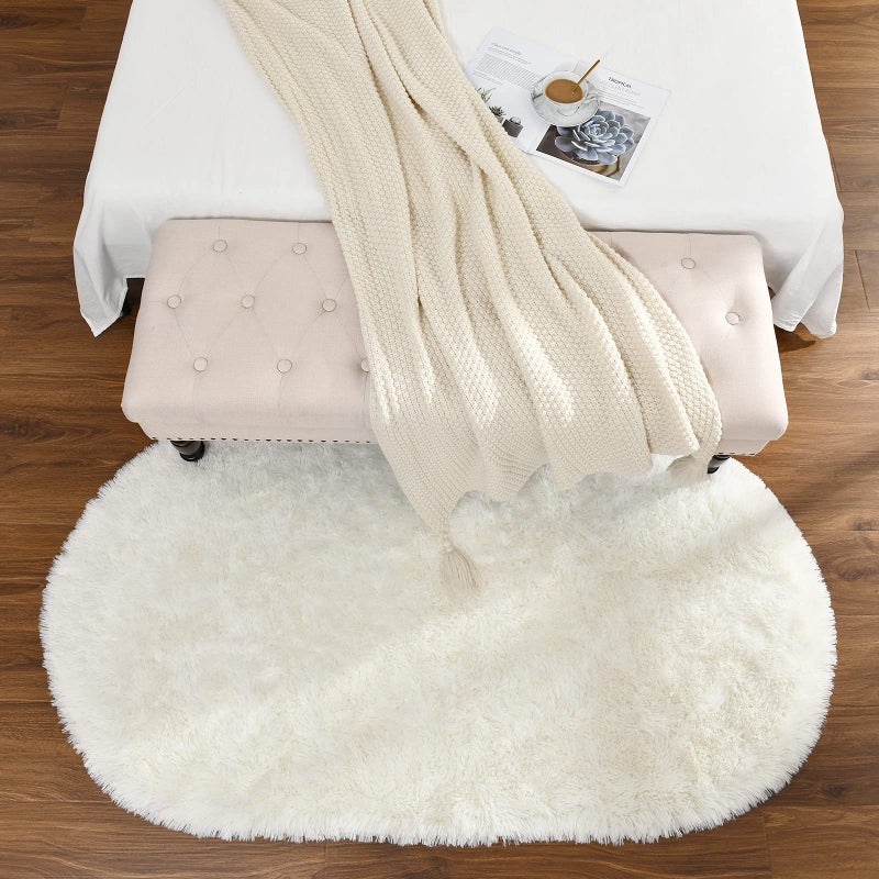 Softlife Fluffy Rugs for Bedroom, Shag Cute Area Rug for Girls/Boys and Kids Baby Room Home Decor, 2.6 x 5.3 Feet Oval Indoor Carpet for Nursery Dorm Living Room, Creamy - Image 3